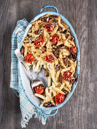 close up of rustic italian baked penne pastaの写真素材