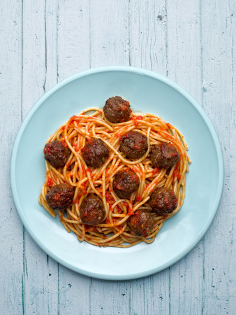 close up of rustic american italian meatball spaghettiの写真素材