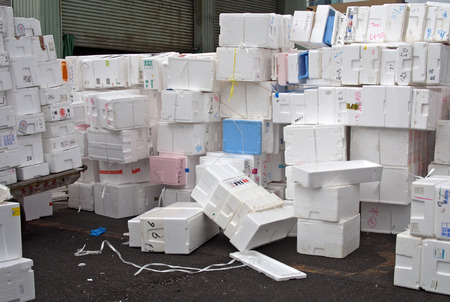 close up of huge pile of styrofoam packaging environmental wasteの写真素材