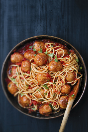 close up of rustic meatball spaghetti in tomato sauceの写真素材