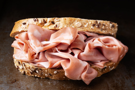 close up of rustic italian mortadella sandwich blur defocusedの写真素材