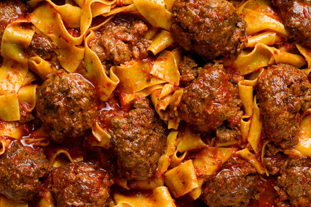 close up of rustic italian meatball pappardelle pasta food backgroundの写真素材