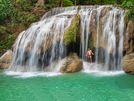 Bangkok, Thailand, 31st December 2018, Seven tiers of waterfalls at Erawan National Park. Erawan Waterfall is recognised as one of the most beautiful waterfalls in Thailand.のeditorial素材