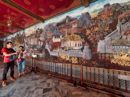 Bangkok, Thailand, 3rd January 2019, The Grand Palace is the must see attraction in Bangkok. Tourists admire the beautiful wall murals at  the dazzling, spectacular Grand Palace, home of the Thai King.のeditorial素材