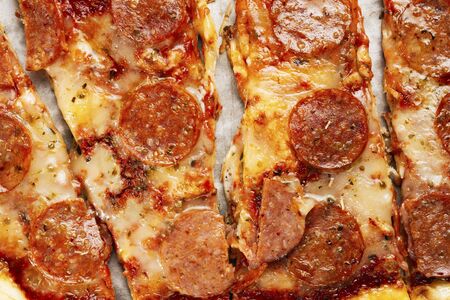 close up of rustic pepperoni pizzaの写真素材