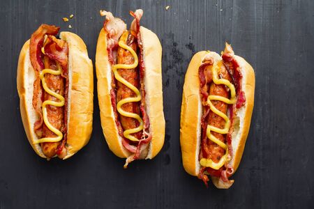 close up of american fast food hot dogの写真素材