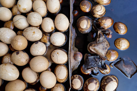 close up of traditional tea egg food backgroundの写真素材