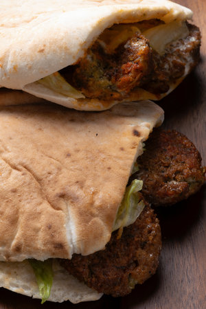 close up of traditional pita falafel sandwichの写真素材