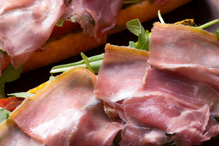 close up of italian parma ham  toastの写真素材