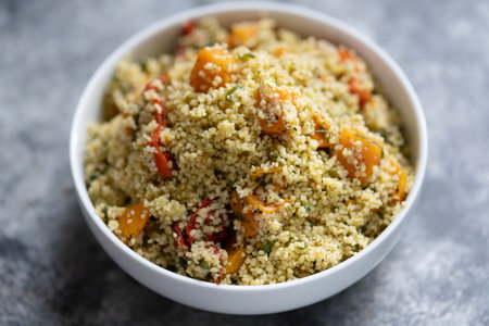 close up of a bowl of cous cuoscous  pumpkin saladの写真素材