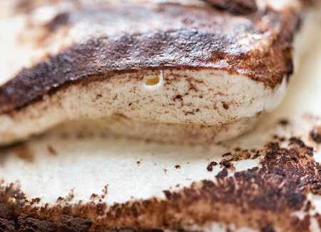 close up of rustic italian tiramisu dessert food backgroundの写真素材