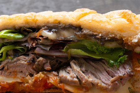close up of rustic italian roast beef sandwichの写真素材