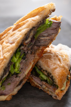 close up of rustic italian roast beef sandwichの写真素材