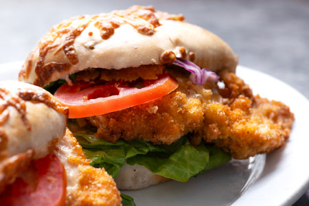 close up of german schnitzel sandwichの写真素材