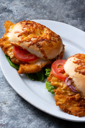 close up of german schnitzel sandwichの写真素材