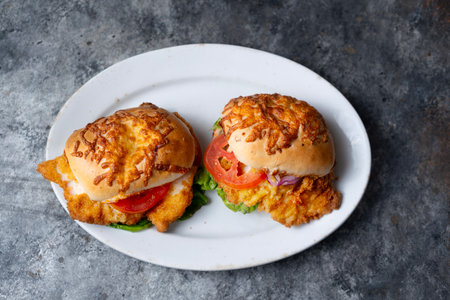 close up of german schnitzel sandwichの写真素材
