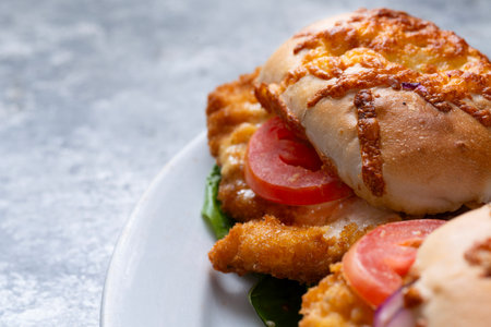 close up of german schnitzel sandwichの写真素材