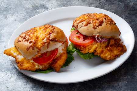 close up of german schnitzel sandwichの写真素材