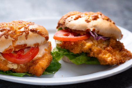 close up of german schnitzel sandwichの写真素材
