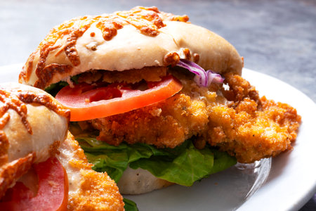 close up of german schnitzel sandwichの写真素材