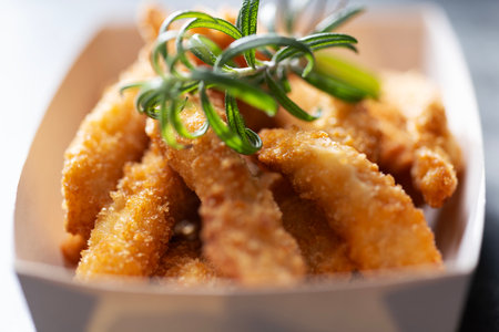 Close up of rustic pan fried breaded chicken tendersの写真素材
