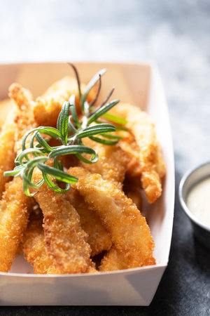 Close up of rustic pan fried breaded chicken tendersの写真素材