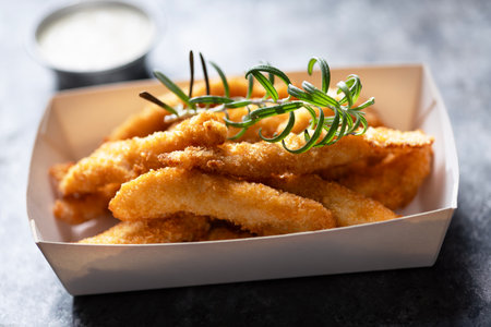 Close up of rustic pan fried breaded chicken tendersの写真素材