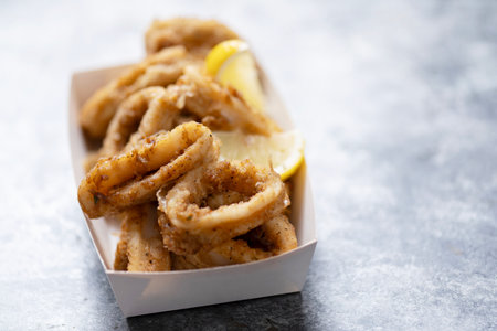 close up of fried battered calamari seafood