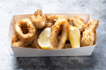 close up of fried battered calamari seafood