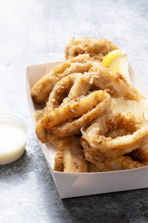 close up of fried battered calamari seafood