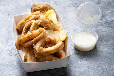 close up of fried battered calamari seafood