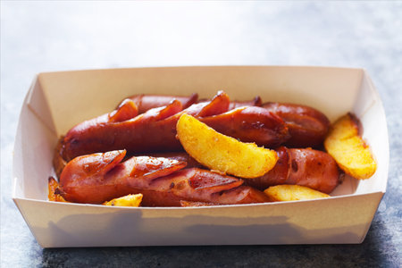 close up of food truck sausage and chips