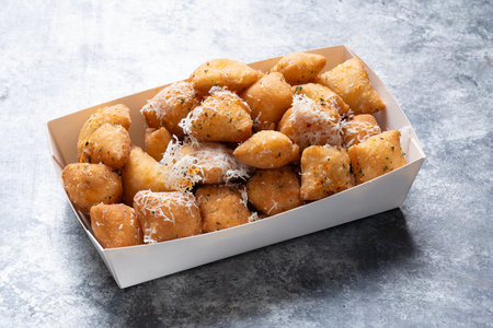 close up of italian fried pizza dough street food