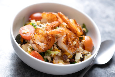 close up of a bowl mediterranean orzo pasta saladの写真素材