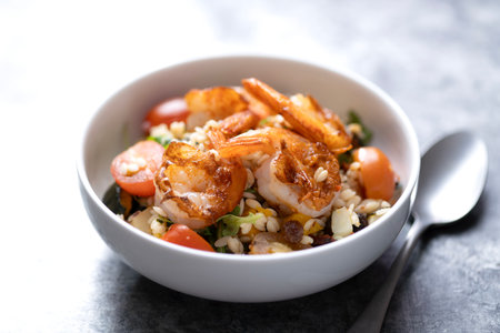 close up of a bowl mediterranean orzo pasta saladの写真素材