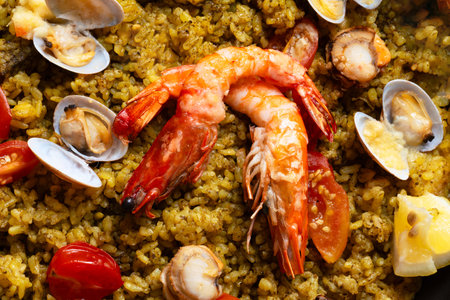 close up of a pan of spanish seafood paellaの写真素材