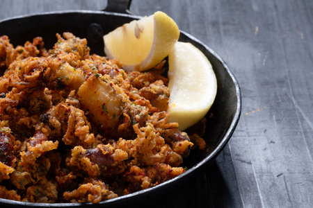 close up of a pan of crispy fried baby calamari side dishの写真素材