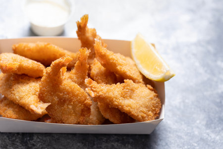 close up of food truck breaded butterfly shrimpsの写真素材