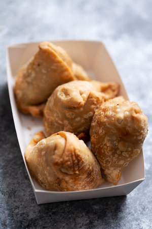 close up of traditional indian street food samosa