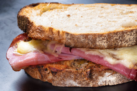 close up of rustic american artisan ham and cheese sandwich