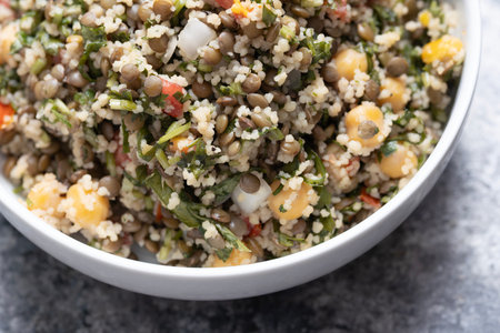 close up of a bowl of italian lentils saladの写真素材