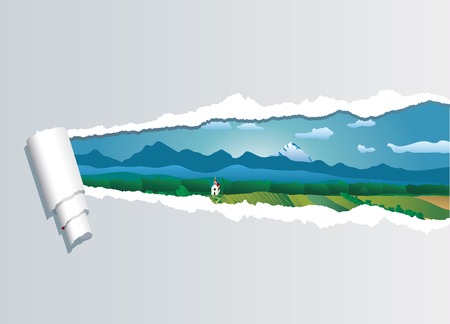 vector view on the landscape through ripped paperのイラスト素材