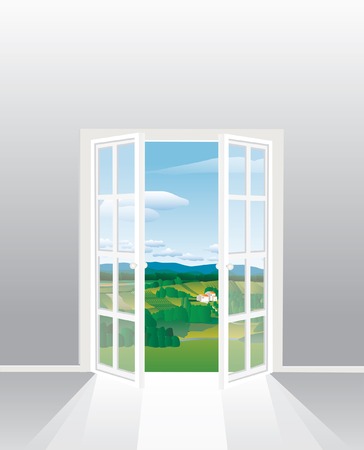  illustration of the empty room with opened french windowのイラスト素材