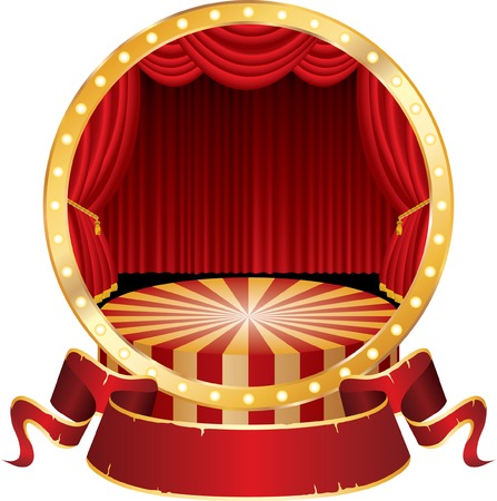 vector circle circus stage with red curtain and blank banner