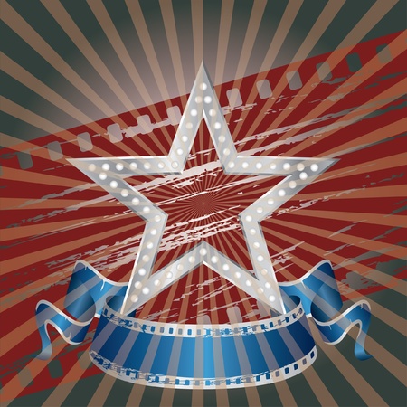 vector silver movie star with blank banner on the grunge backgroundのイラスト素材