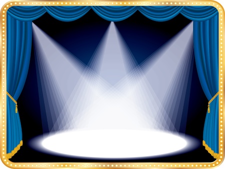 vector horizontal empty stage with blue curtain and three spotsのイラスト素材