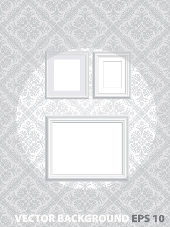 vector illustration of three blank white frames on baroque wallpaper, layered and fully editable with your imagesのイラスト素材