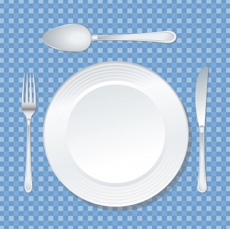 vector white plate on blue tablecloth with spoon, knife and forkのイラスト素材