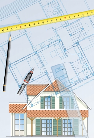 vector realistic blueprint of the house with pencil, ruler and measuring tapeのイラスト素材