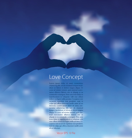 vector heart made with hands and rays over the cloudy skyのイラスト素材